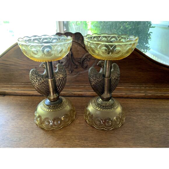 RARE Vintage Mid Century EAGLE Depression Glass & BRASS Candlesticks AMERICANA - Picture 8 of 14
